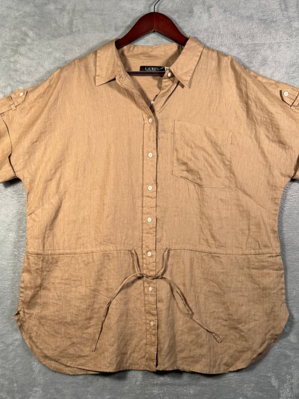 Lauren Ralph Lauren Button Up Blouse Womens 1X Tan Linen Roll Tab Tunic $145